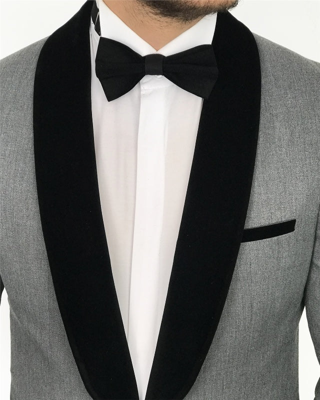 Chic Gray Slim Fit Wedding Men Suits With Black Shawl Lapel