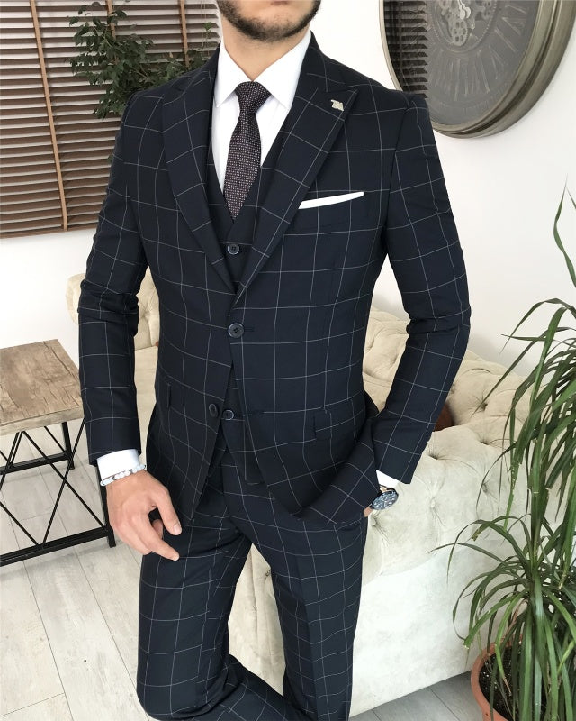 Newest Dark Blue Plaid Three Pieces Peaked Lapel Slim Fit Business Men Suits