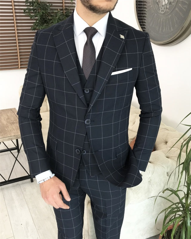 Newest Dark Blue Plaid Three Pieces Peaked Lapel Slim Fit Business Men Suits