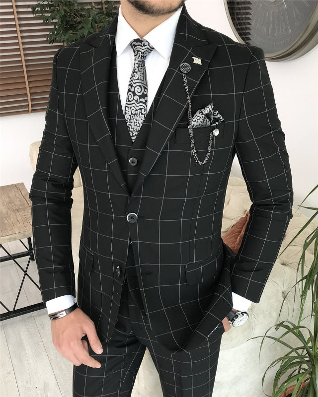 Newest Black Plaid Three Pieces Peaked Lapel Slim Fit Business Men Suits