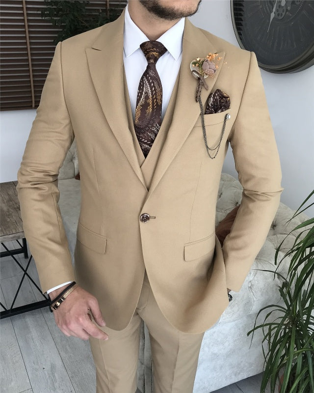 Newest Khaki Three Pieces Peaked Lapel Slim Fit Business Men Suits