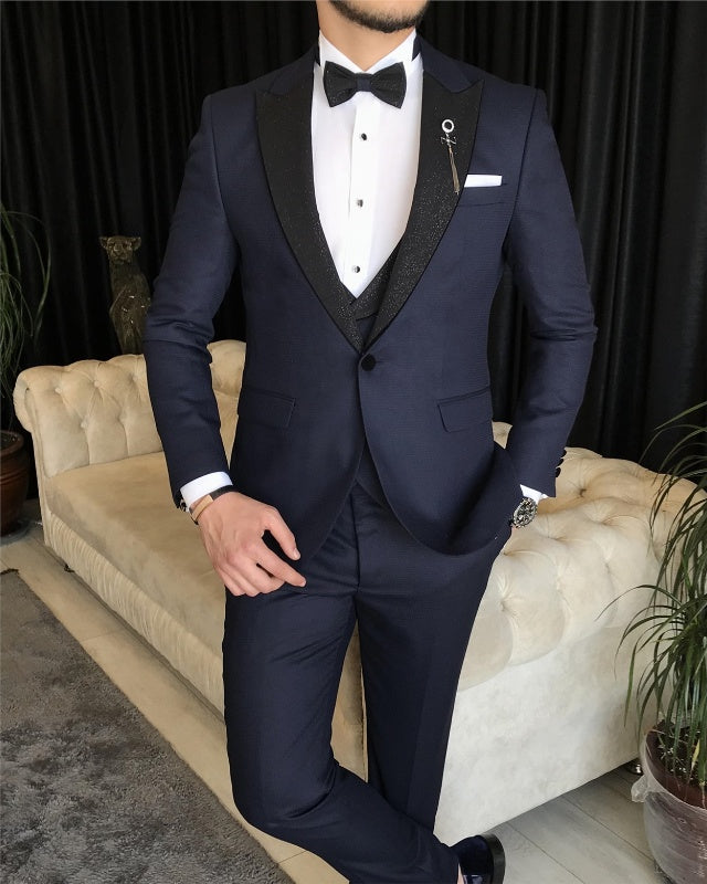 New Arrival Dark Blue Three Pieces Peaked Lapel Slim Fit Business Men Suits