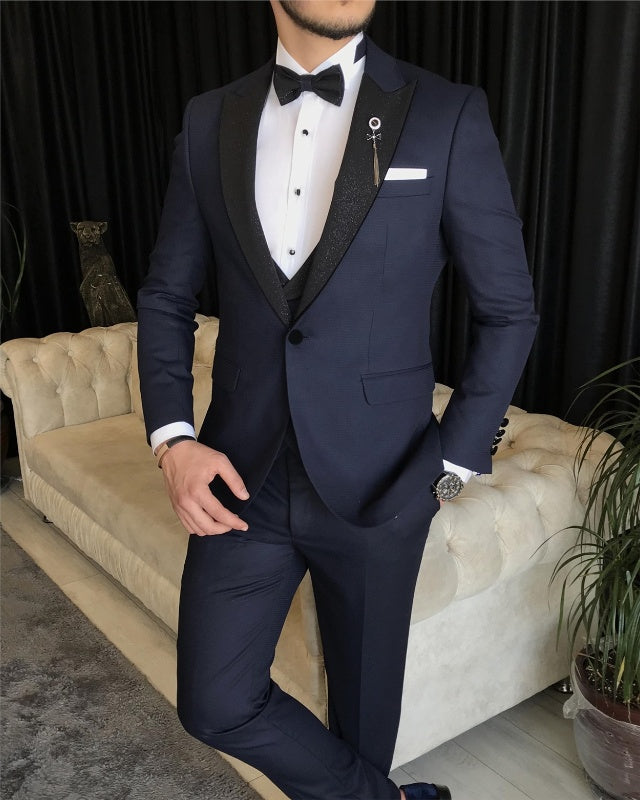 New Arrival Dark Blue Three Pieces Peaked Lapel Slim Fit Business Men Suits