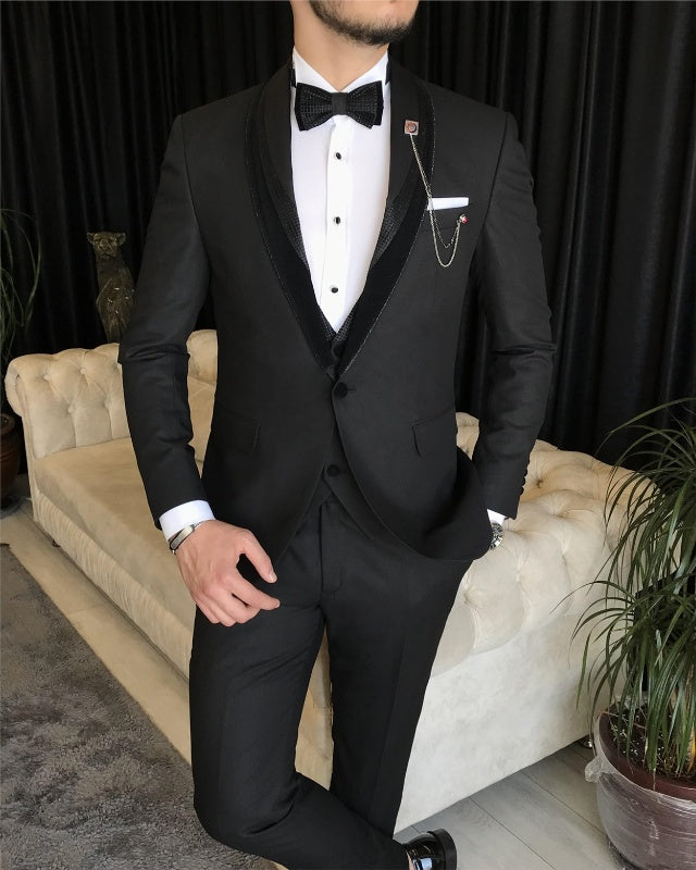 Fashion Black Three Pieces Shawl Lapel Best Fitting Wedding Men Suits