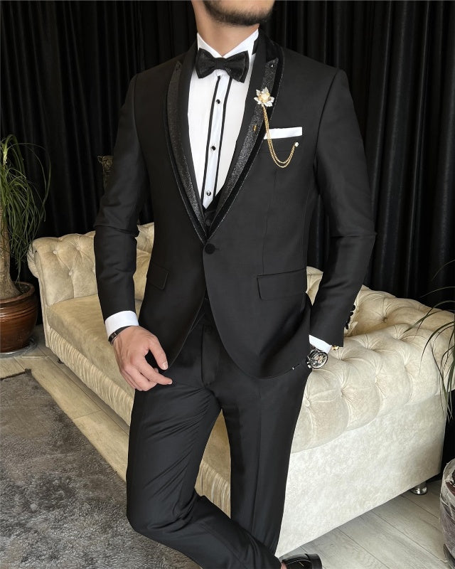 Allen Fashion Black Three Pieces Shawl Lapel Best Fitting Wedding Men Suits