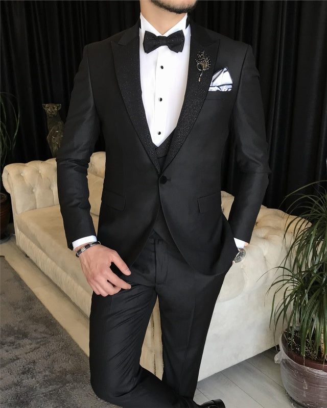 Angelo Black Three Pieces Peaked Lapel Best Fitting Business Men Suits