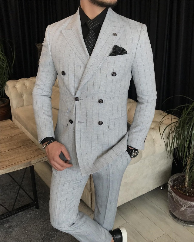 Elvis Chic Gray Striped Double Breasted Peaked Lapel Slim Fit Business Men Suits