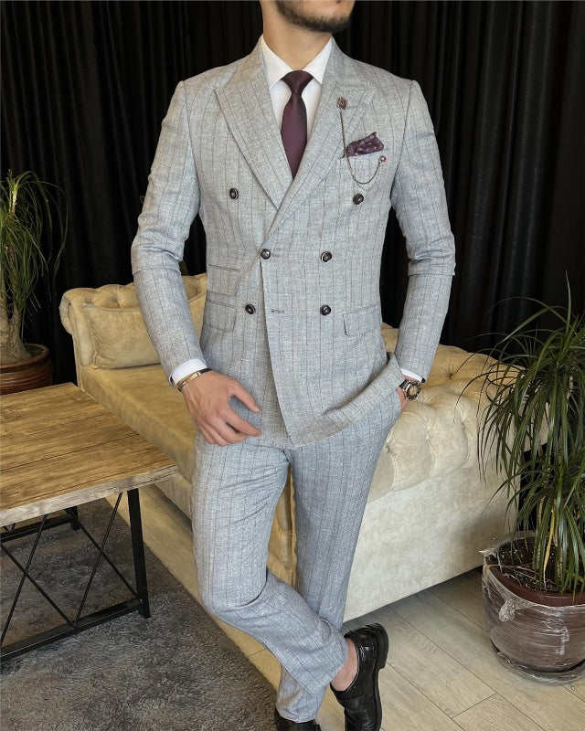 Edgar Newest Gray Striped Double Breasted Slim Fit Business Men Suits