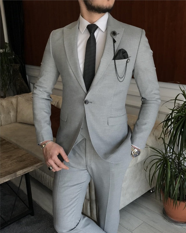 David Fashion Gray Three Pieces Peaked Lapel Slim Fit Business Men Suits