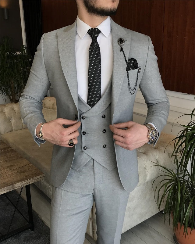 David Fashion Gray Three Pieces Peaked Lapel Slim Fit Business Men Suits