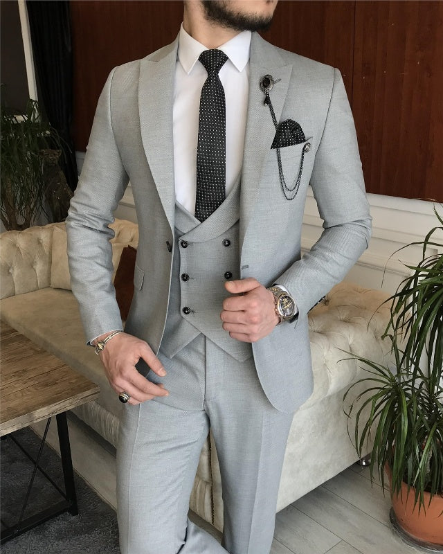 David Fashion Gray Three Pieces Peaked Lapel Slim Fit Business Men Suits