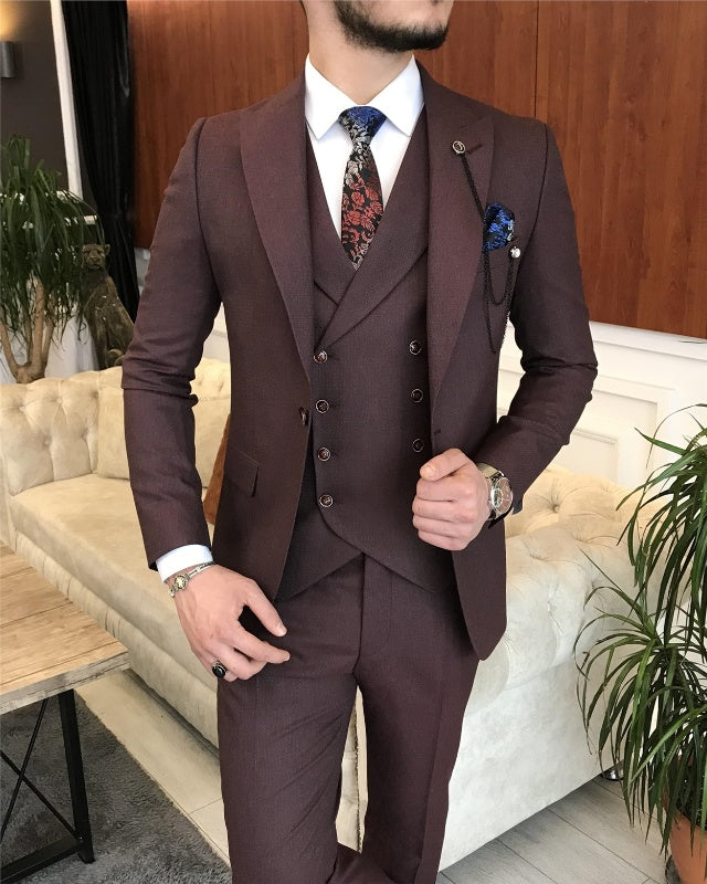 Modern Coffee Slim Fit Three Pieces Peaked Lapel Business Men Suits