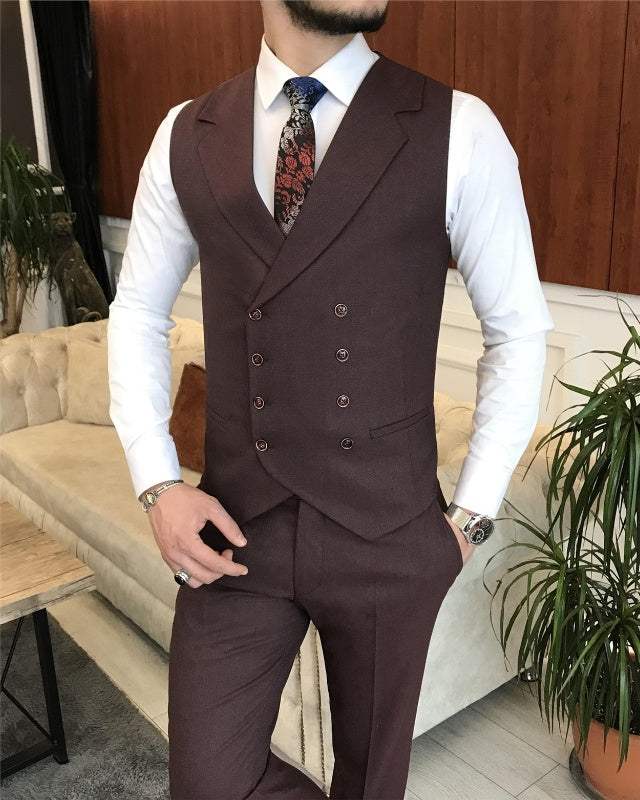 Modern Coffee Slim Fit Three Pieces Peaked Lapel Business Men Suits