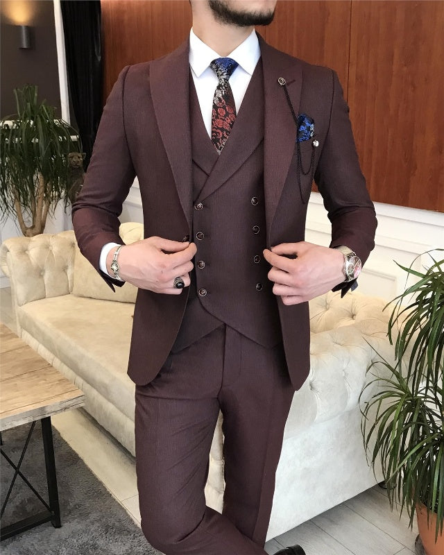Modern Coffee Slim Fit Three Pieces Peaked Lapel Business Men Suits