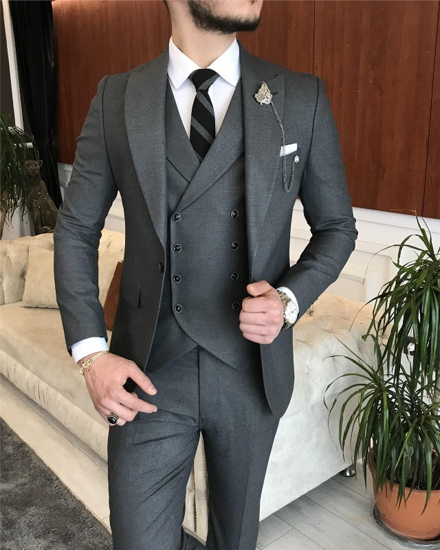 Alva Chic Dark Gray Three Pieces Peaked Lapel Slim Fit Business Men Suits