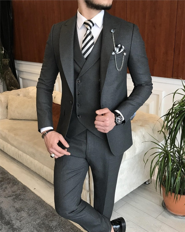 Alva Chic Dark Gray Three Pieces Peaked Lapel Slim Fit Business Men Suits