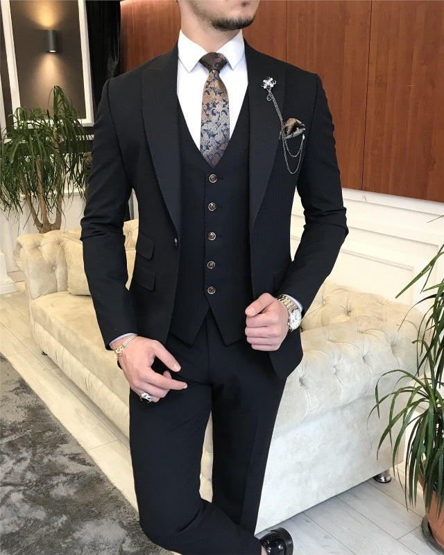 Bob Newest Black Three Pieces Peaked Lapel Slim Fit Business Men Suits