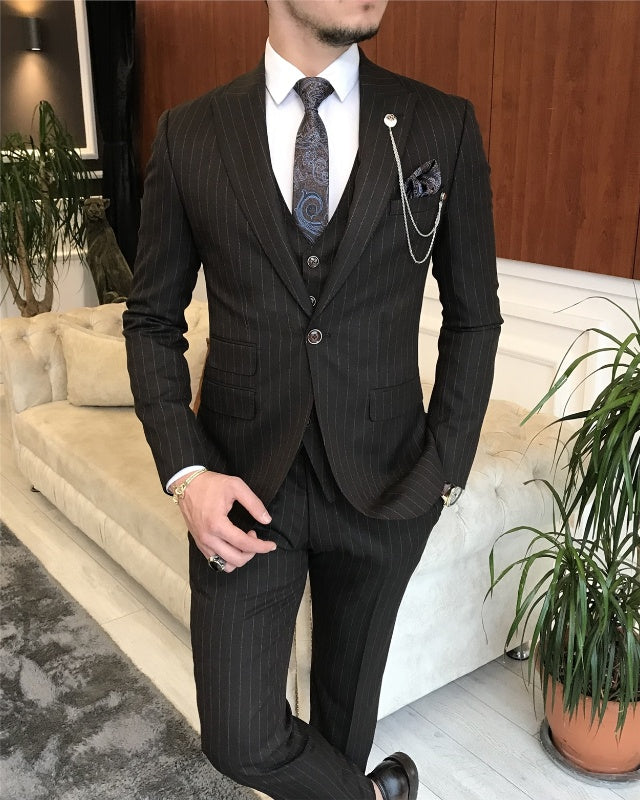 Newest Black Striped Three Pieces Peaked Lapel Slim Fit Business Men Suits