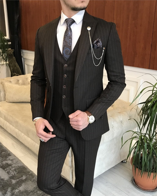 Newest Black Striped Three Pieces Peaked Lapel Slim Fit Business Men Suits