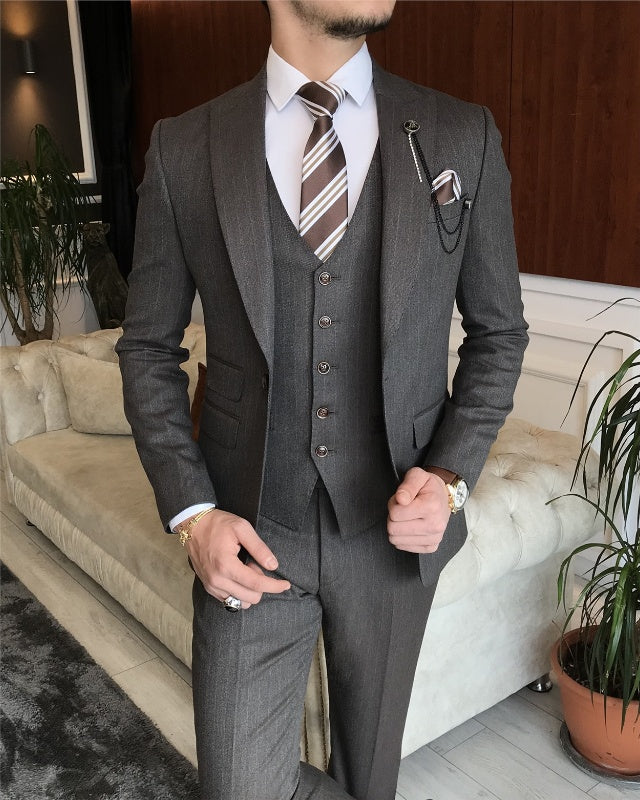 Newest Dark Gray Striped Three Pieces Peaked Lapel Business Men Suits