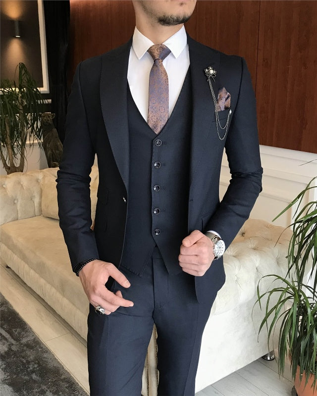Newest Dark Blue Three Pieces Peaked Lapel Slim Fit Business Men Suits