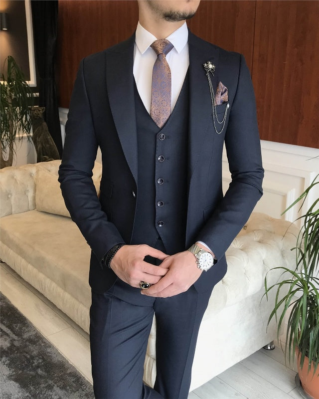 Newest Dark Blue Three Pieces Peaked Lapel Slim Fit Business Men Suits