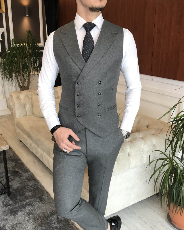 Newest Dark Gray Three Pieces Peaked Lapel Slim Fit Business Men Suits