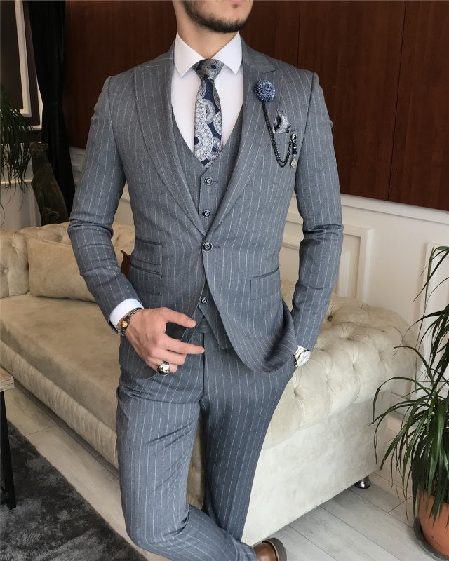 New Arrival Gray Striped Three Pieces Peaked Lapel Business Men Suits