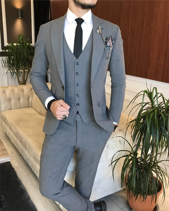 Aaron Chic Dark Gray Three Pieces Peaked Lapel Slim Fit Business Men Suits