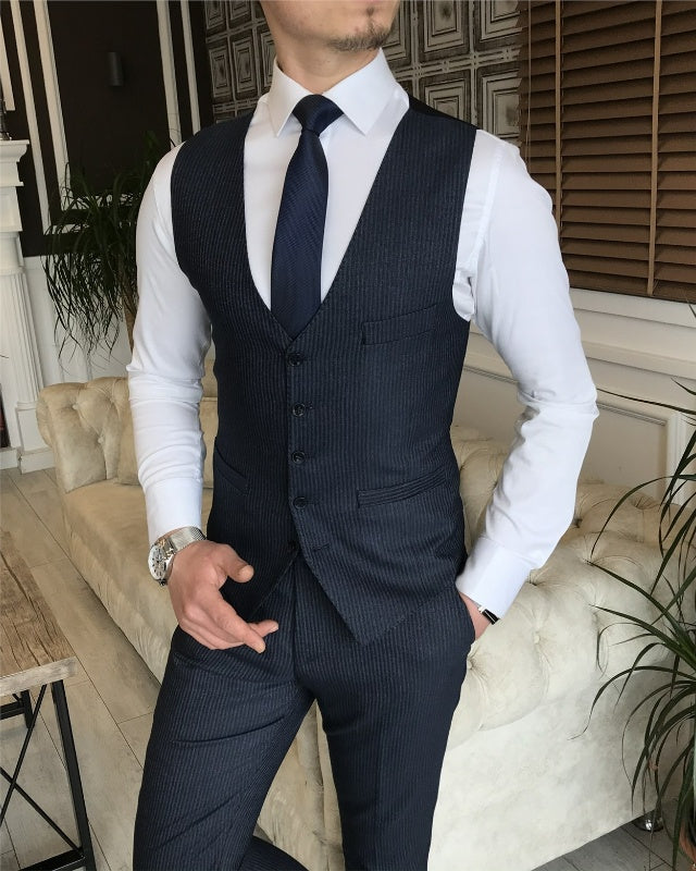 Baker Newest Dark Blue Close Fitting Three Pieces Peaked Lapel Business Men Suits