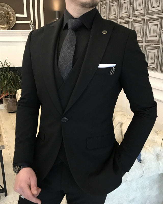 Bart Classic Bespoke Black Three Pieces Peaked Lapel Business men suits