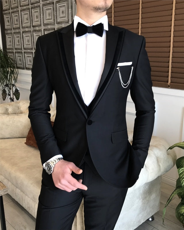 Barry Modern Black Three pieces Peaked Lapel Slim Fit Business Men Suits