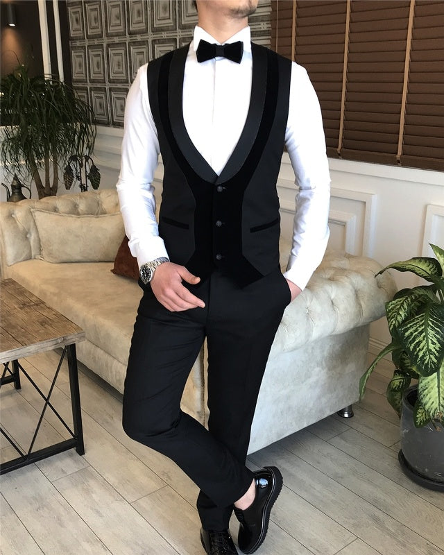 Modern Black Three Pieces Shawl Lapel Slim Fit Wedding Suits For Men