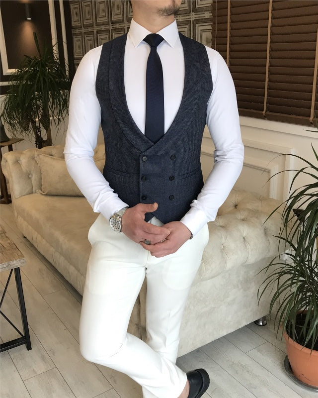 Basil Fashion Dark Blue Three Pieces Peaked Lapel Slim Fit Prom Men Suits