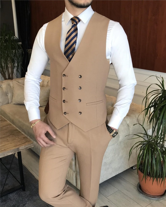 Modern Khaki Three Pieces Peaked Lapel Slim Fit Business Suits For Men