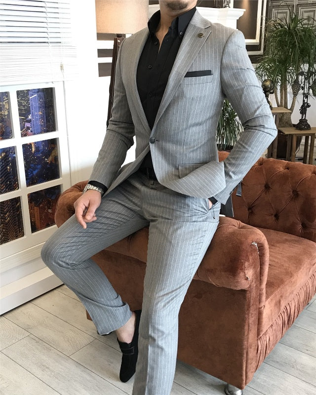Modern Gray Striped Notch Lapel Slim Fit Business Suits For Men