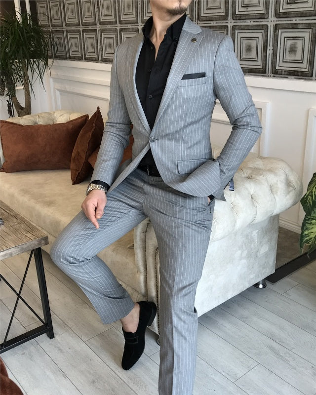 Modern Gray Striped Notch Lapel Slim Fit Business Suits For Men