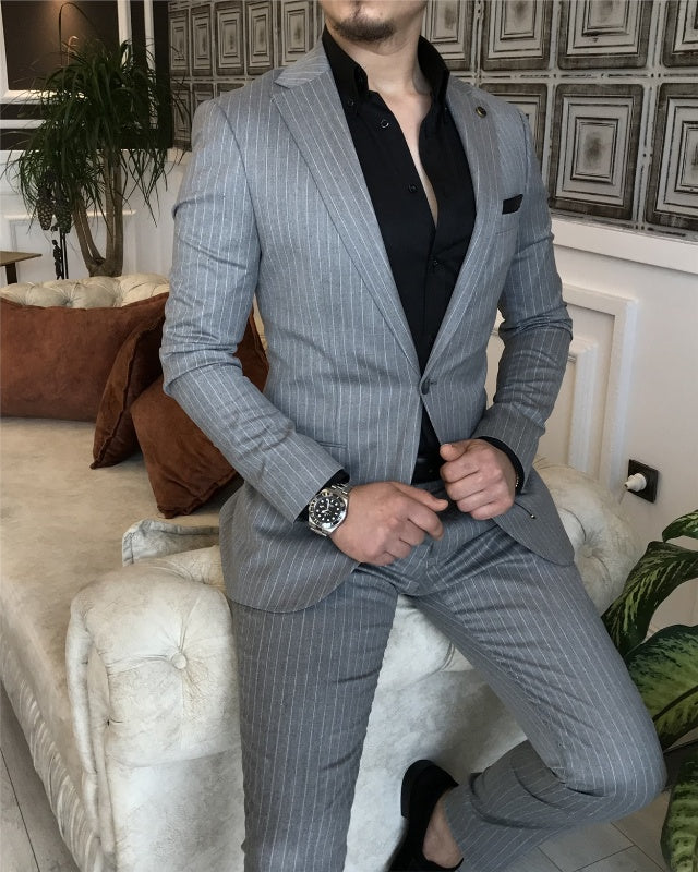 Modern Gray Striped Notch Lapel Slim Fit Business Suits For Men
