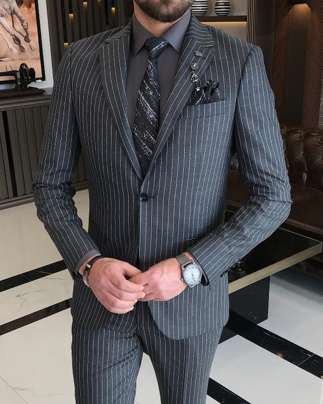 Modern Dark Gray Striped Notch Lapel Best Fitting Business Men Suits