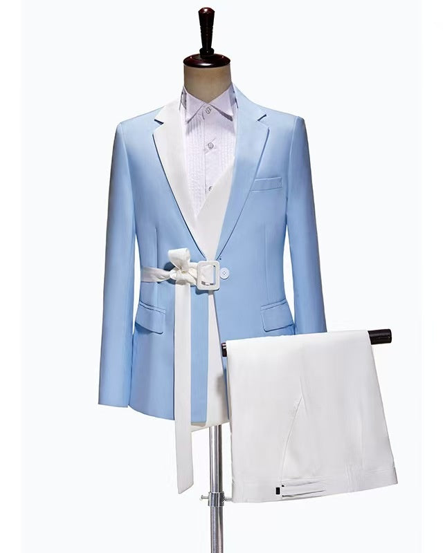 Popular Blue Notched Lapel Prom Suits With Belt