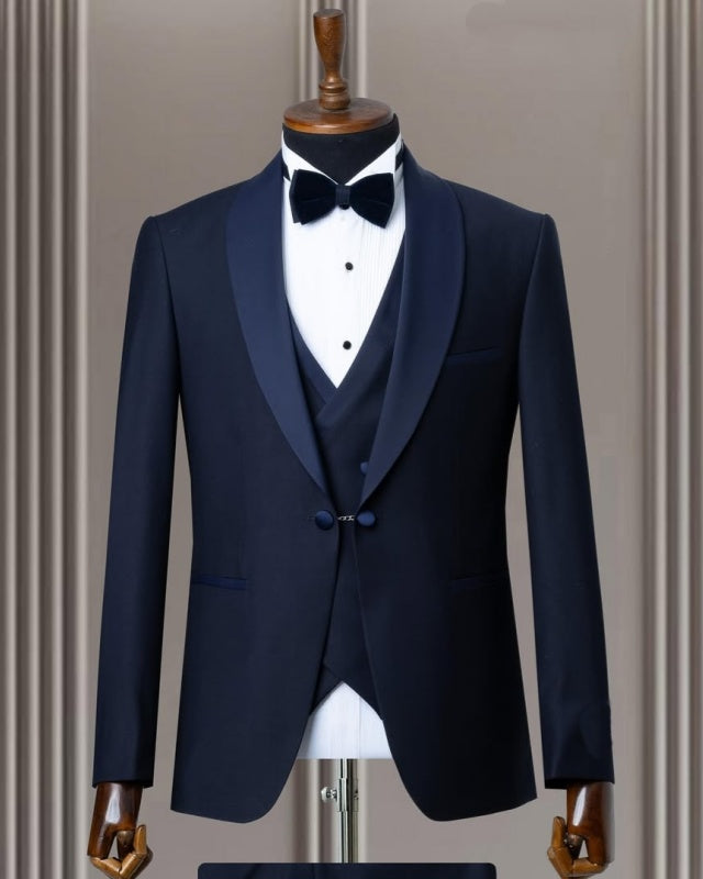 Stylish Dark Navy 3 Pieces Shawl Lapel Wedding Suits