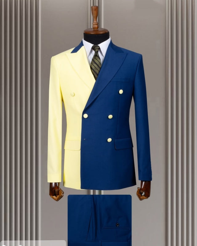 Trendy Bright Yellow And Dark Blue Double Breasted Prom Men Suits