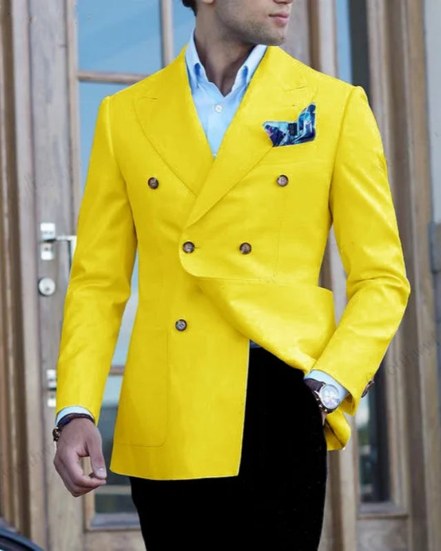 Fashion Yellow Double Breasted Peaked Lapel Prom Men Suits