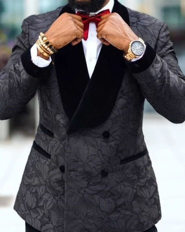 Newest Black Jacquard Shawl Lapel Double Breasted Wedding Men Suits