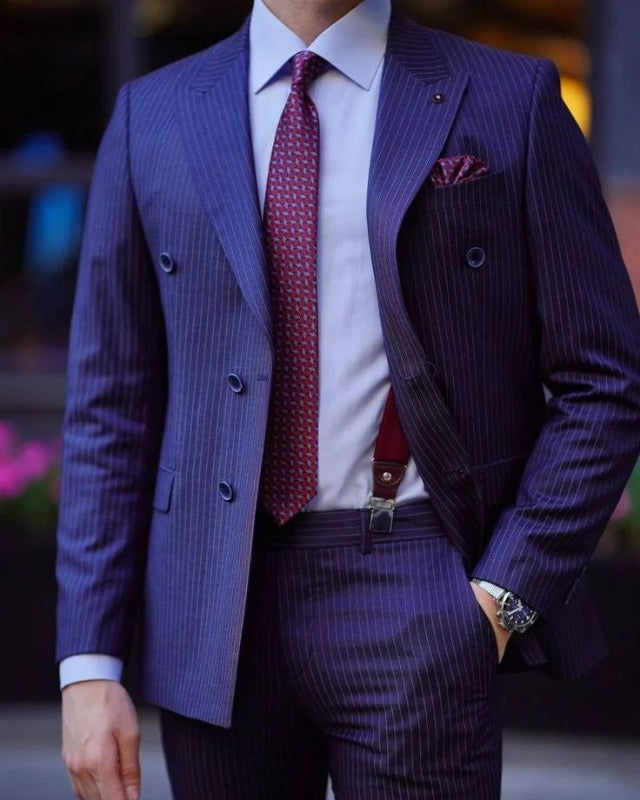 Ashbur Blue Striped Peaked Lapel Close Fitting Prom Men Suits