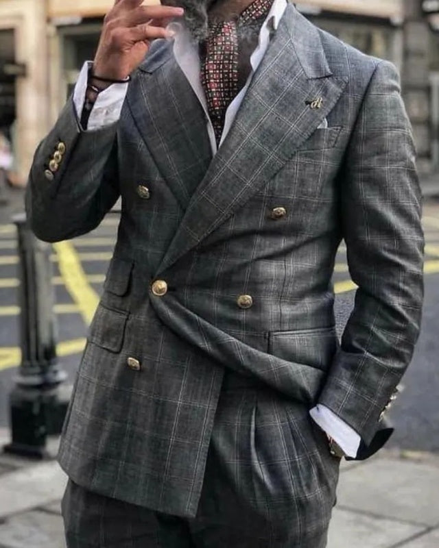 Barlow Dark Gray Plaid Double Breasted Prom Men Suits