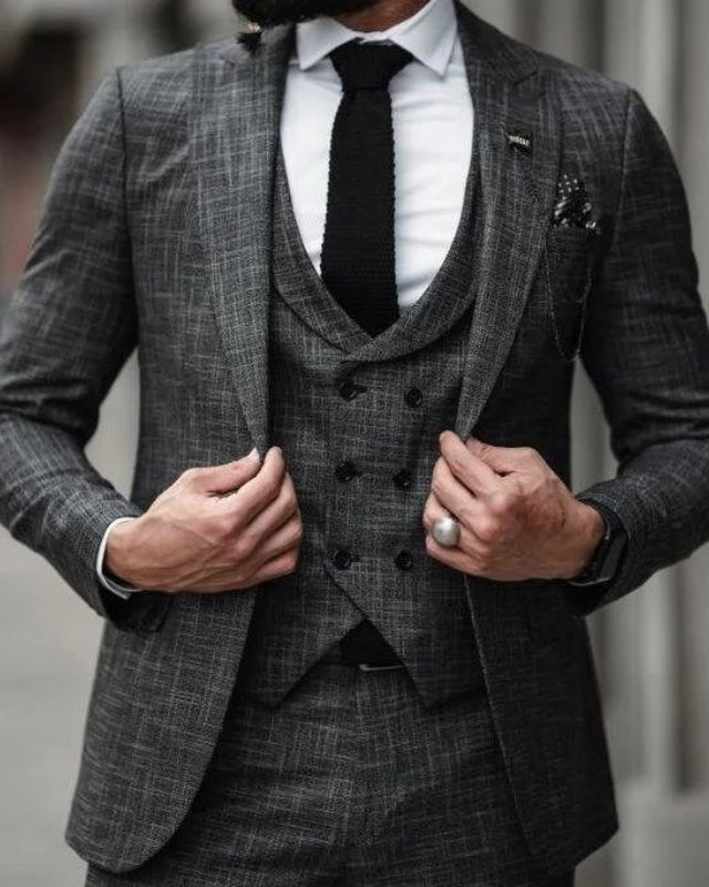 Atwood Dark Gray Three Pieces Peaked Lapel Business Men Suits