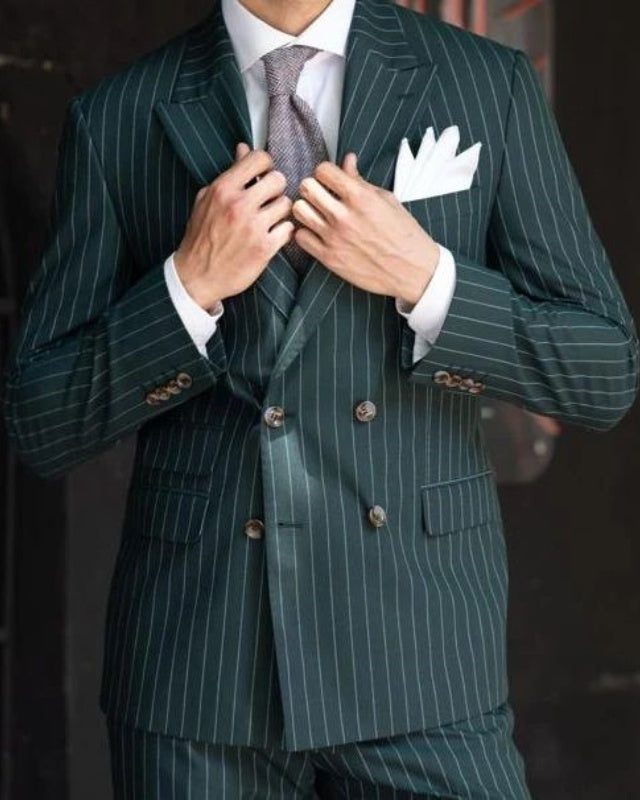 Brady Dark Green Striped Double Breasted Slim Fit Prom Men Suits