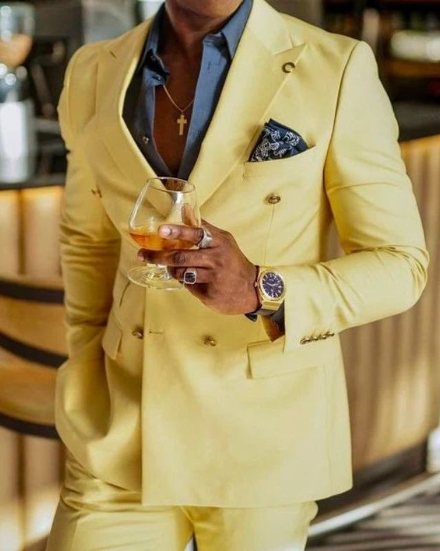Benson Yellow Double Breasted Peaked Lapel Prom Men Suits