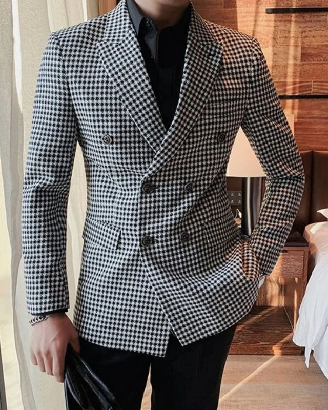 Fashion White Plaid Double Breasted Peaked Lapel Prom Men Suits